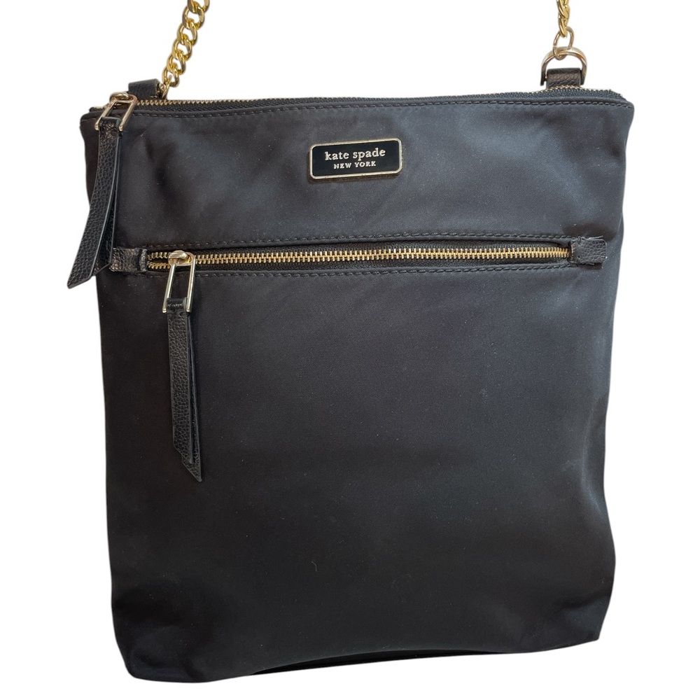 kate spade New York Black Sleek Nylon Crossbody Bag Goldtone Chain Link Strap